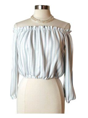 H&M Divided Off-Shoulder Cropped Blouse 8 Blue  White Striped Lng Slvs Light